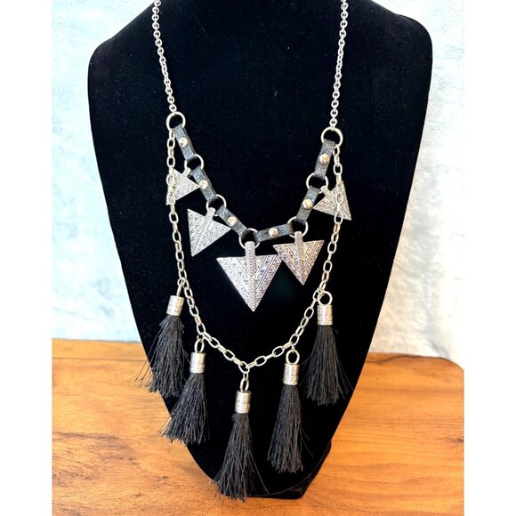 Boho Statement Necklace Silver Tone Triangles Black Tassels Adjustable Chain - Picture 1 of 9